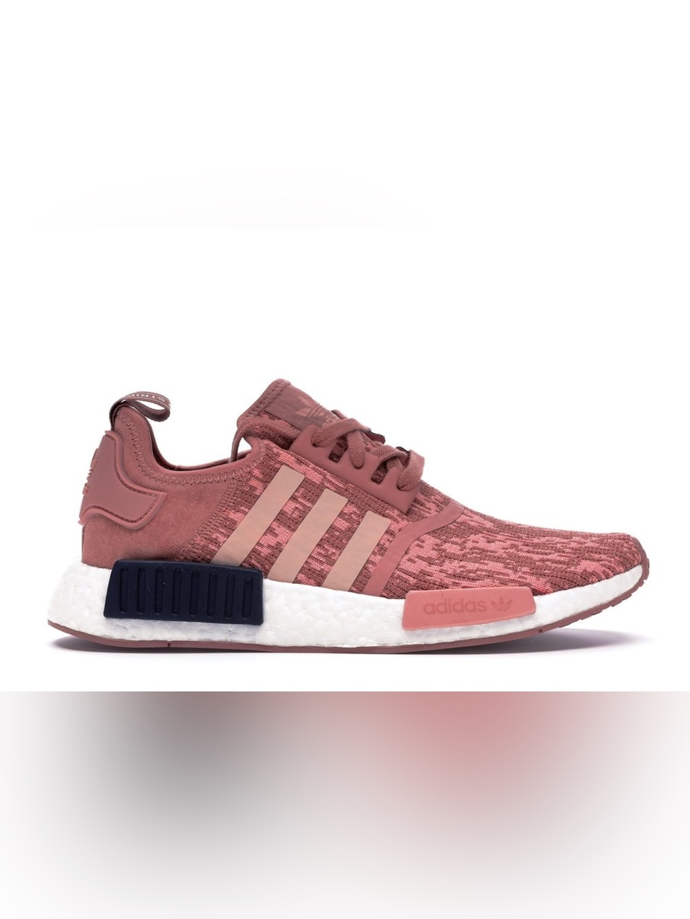 adidas pink and navy NMD R1 sneakers with white stripes